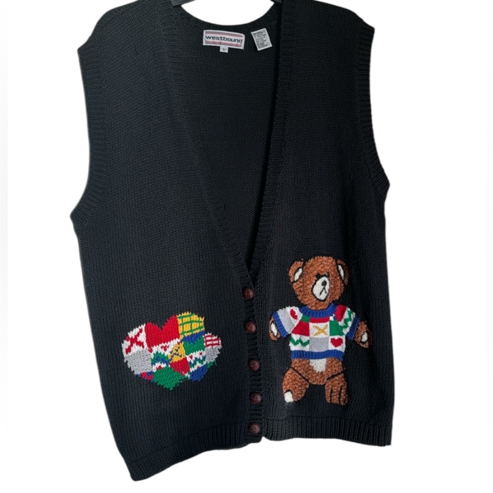 WESTBOUND Womens Christmas Holiday Black Teddy Bear Heart S/L Vintage Vest Large